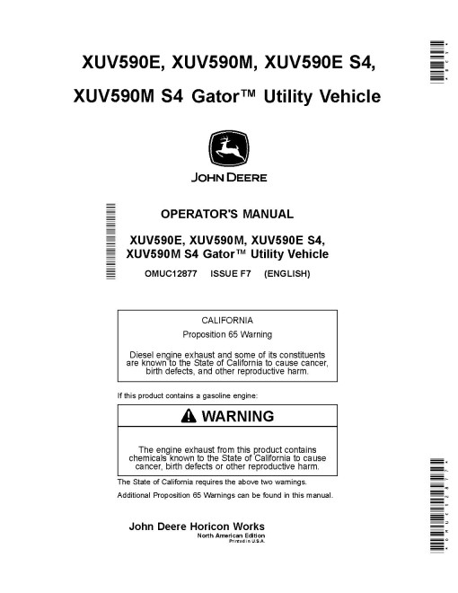 John Deere XUV590E, XUV590E S4, XUV590M, XUV590M S4 Gator Utility Vehicles (SN:010001-020000) (N.America) Operators Manual (OMUC12877)