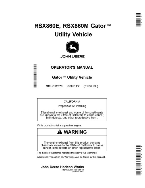 John Deere RSX860E and RSX860M Gator Utility Vehicles (SN: 010001 - 020000) (North America) Operators Manual (OMUC12878)