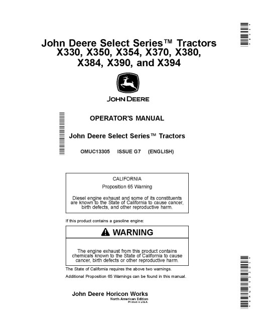 John Deere X330, X350, X354, X370, X380, X384, X390, X394 (SN:050001-070000) Lawn Tractors (N.America) Operators Manual (OMUC13305)
