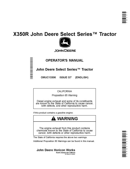 John Deere Select Series X350R (SN: 050001-070000) Lawn Tractors (North America) Operators Manual (OMUC13306)