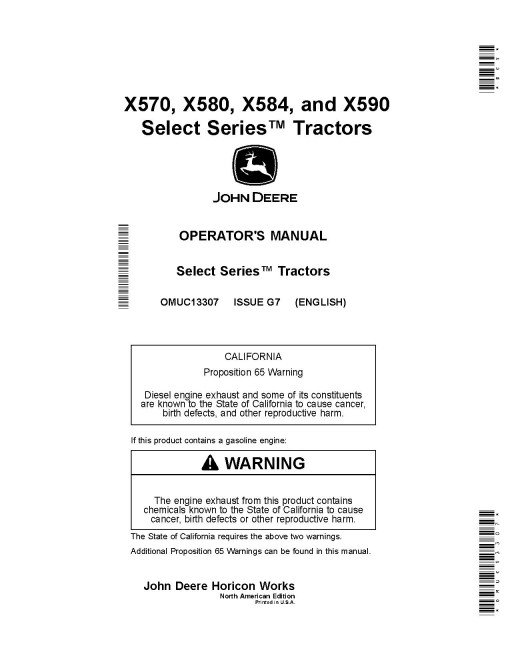John Deere Select Series X570, X580, X584, X590 (SN: 130001-140000) Lawn Tractors (North America) Operators Manual (OMUC13307)