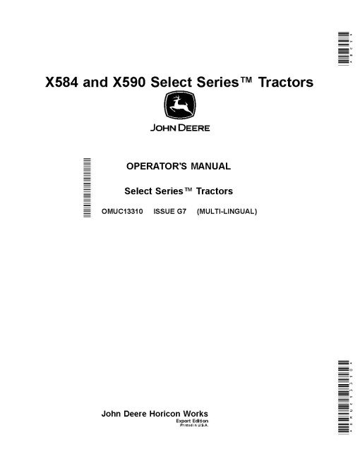John Deere Select Series X584 and X590 (SN: 130001-140000) Lawn Tractors (Export Edition) Operators Manual (OMUC13310)