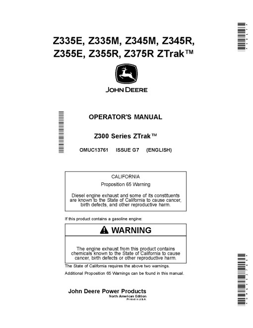 John Deere ZTrak Z335E, Z335M,Z345M, Z345R,Z355E,Z355R, Z375R (SN:080001-110000) Zero-Turn Mowers (N.America) Operators Manual (OMUC13761)