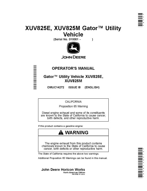 John Deere XUV825E and XUV825M Gator Utility Vehicles (SN: 010001 - 030000) (North America) Operators Manual (OMUC14272)