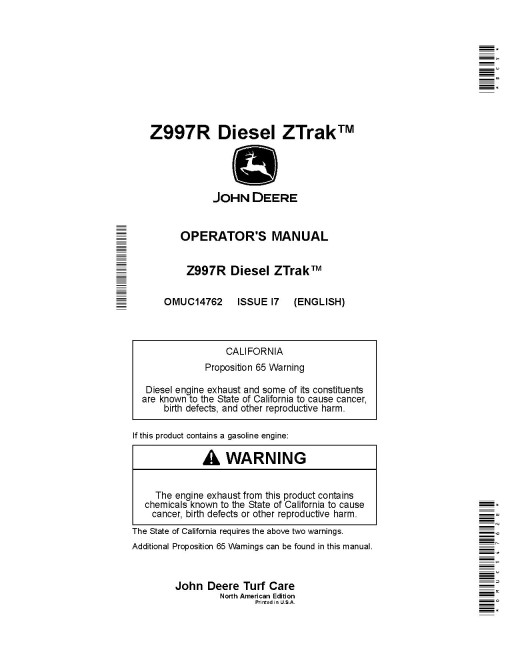 John Deere ZTrak Z997R (SN: 040001-050000) Max-Frame Mowers (North America) Operators Manual (OMUC14762E)