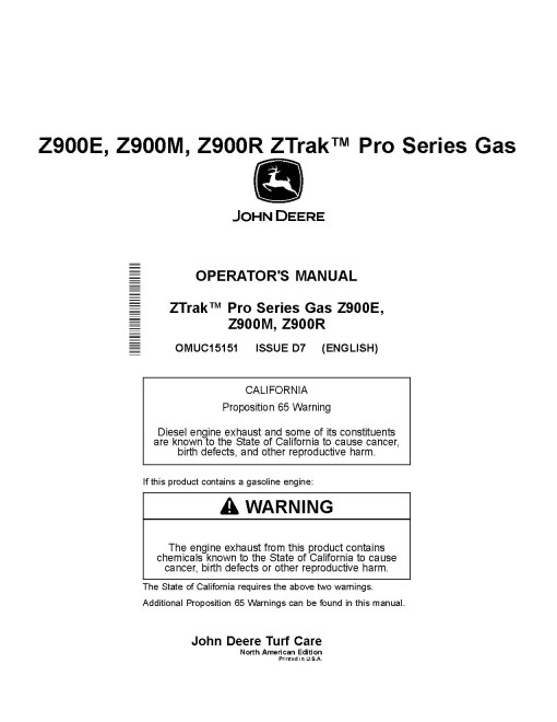 John Deere ZTrak Pro Z915E, Z920M/R, Z925M, Z930M/R, Z950M/R, Z960M, Z970R Zero-Turn Mowers (North America) Operators Manual (OMUC15151)