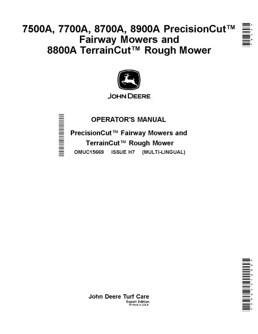 John Deere 7500A,7700A,8700A(SN:050001-060000), 8900A(SN:020001-030000) Fairway; 8800A Rough Mowers, Export, Operators Manual (OMUC15669)