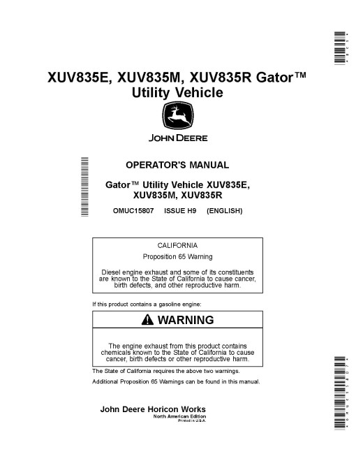 John Deere XUV835E, XUV835M, XUV835R Gator Utility Vehicles (SN:010001-030000) (California Edition) Operators Manual (OMUC15807)