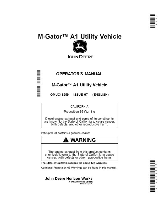 John Deere M-Gator A1 Military Utility Vehicles (SN: 150001 - 160000) (North America) Operators Manual (OMUC16259)