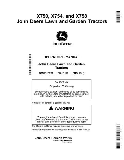 John Deere X750, X754 and X758 (SN: 060001-070000) Lawn Tractors (North America) Operators Manual (OMUC16261)