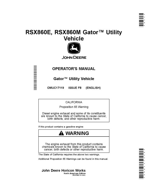 John Deere RSX860E and RSX860M Gator Utility Vehicles (SN: 020001 - 030000) (North America) Operators Manual (OMUC17119)