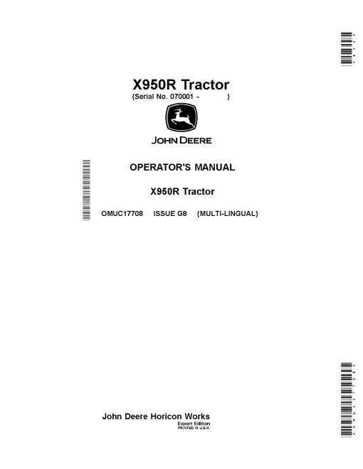 John Deere X950R (SN: 070001-080000) Lawn Tractors (Export Edition) Operators Manual (OMUC17708)
