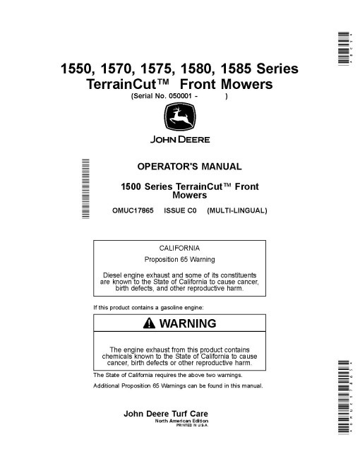 John Deere 1550, 1570, 1575, 1580 and 1585 TerrainCut Front Mowers (SN:050001-070000) (N.America) Operators Manual (OMUC17865)