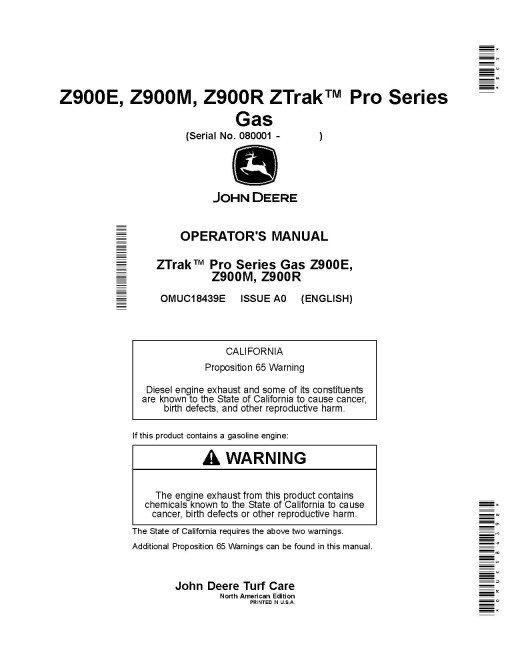 John Deere ZTrak Pro Z915E, Z920M, Z930M/R, Z945M, Z950M/R, Z955M/R, Z960M, Z970R Mowers (North America) Operators Manual (OMUC18439E)