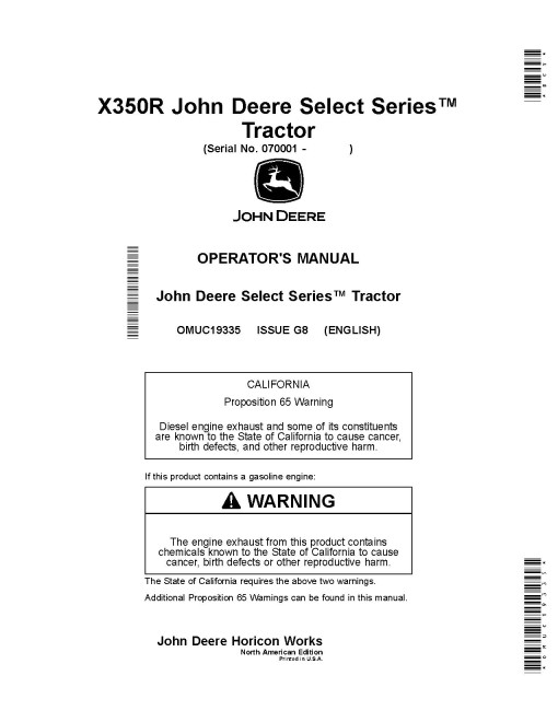John Deere Select Series X350R (SN: 070001-090000) Lawn Tractors (North America) Operators Manual (OMUC19335)