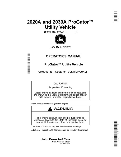 John Deere ProGator 2020A and 2030A Utility Vehicles (SN: 110001 - 120000) (North America) Operators Manual (OMUC19758)