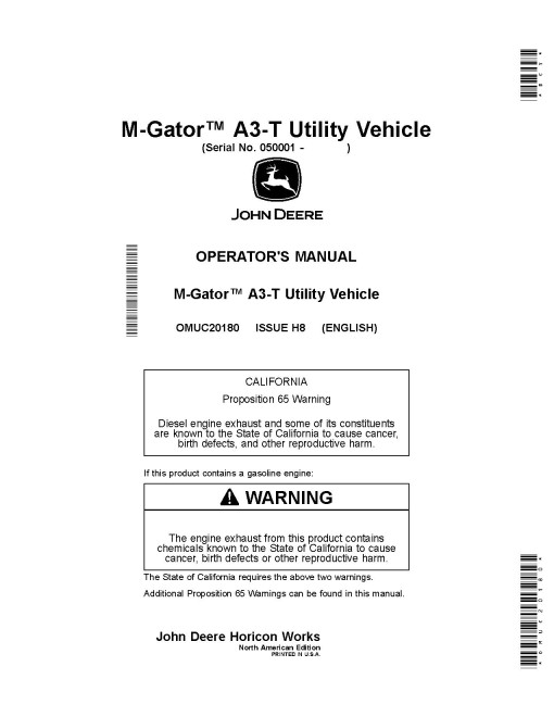 John Deere M-Gator A3-T Utility Vehicles (SN: from 050001) (North America) Operators Manual (OMUC20180)