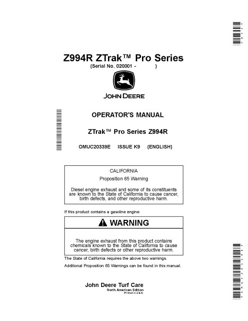 John Deere ZTrak Pro Z994R (SN: 020001-030000) Zero-Turn Diesel Mowers (North America) Operators Manual (OMUC20339E)
