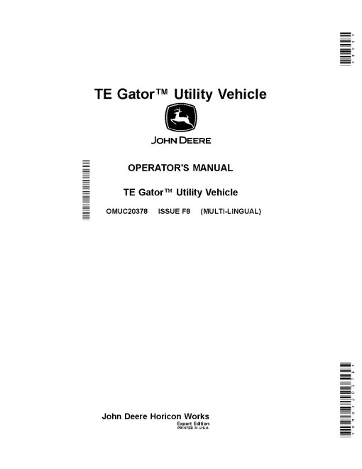 John Deere TE Electric Gator Utility Vehicles (SN: 140001 - 150000) (Export Edition) Operators Manual (OMUC20378)