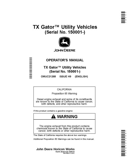John Deere TX Gator Utility Vehicles (SN: 150001 - 160000) (North America) Operators Manual (OMUC21268)