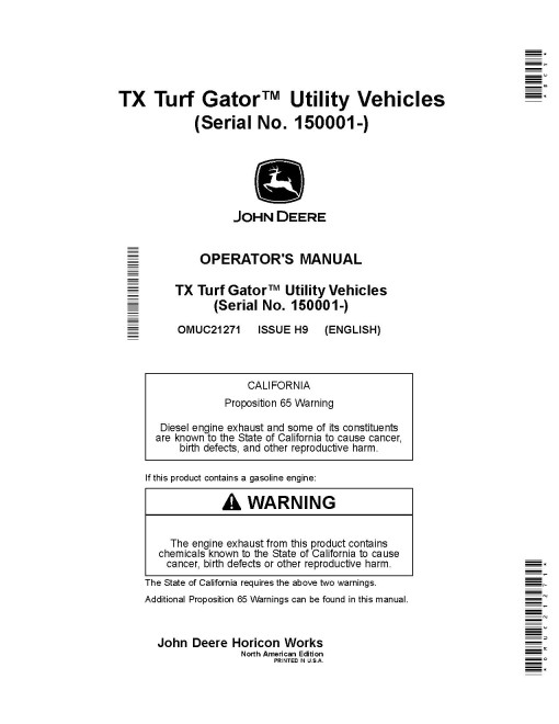 John Deere TX Turf Gator Utility Vehicles (SN: 150001 - 160000) (North America) Operators Manual (OMUC21271)