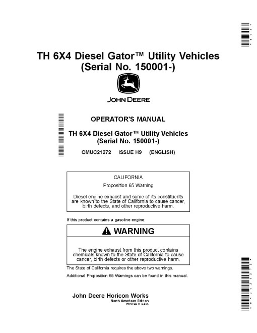 John Deere TH 6x4 Diesel Gator Utility Vehicles (SN: 150001 - 160000) (North America) Operators Manual (OMUC21272)