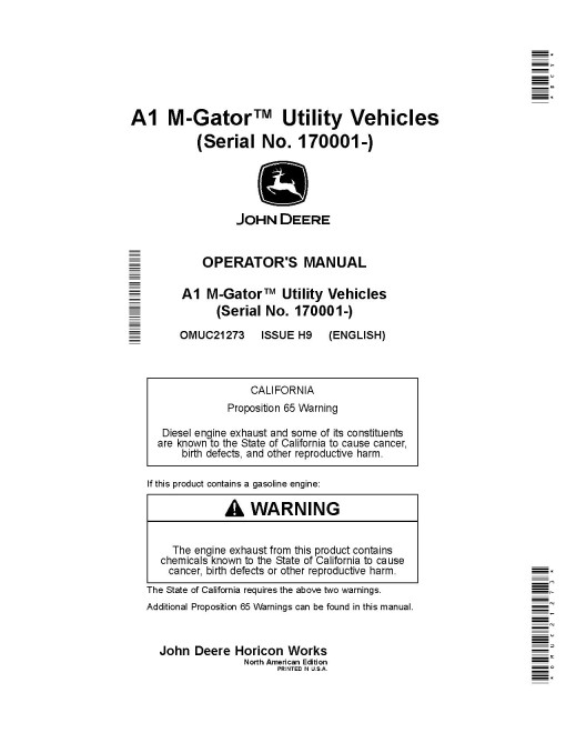 John Deere M-Gator A1 Military Utility Vehicles (SN: from 170001) (North America) Operators Manual (OMUC21273)