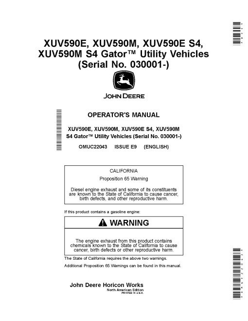 John Deere XUV590E, XUV590E S4, XUV590M, XUV590M S4 Gator Utility Vehicles (SN:030001-040000) (N.America) Operators Manual (OMUC22043)
