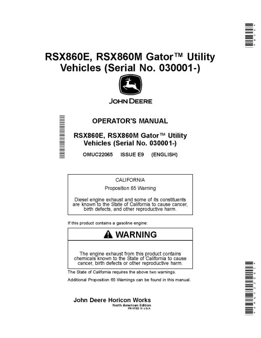 John Deere RSX860E and RSX860M Gator Utility Vehicles (SN: from 030001) (North America) Operators Manual (OMUC22065)