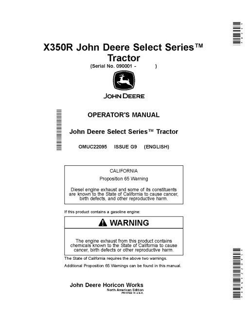 John Deere Select Series X350R (SN: 090001-110000) Lawn Tractors (North America) Operators Manual (OMUC22095)