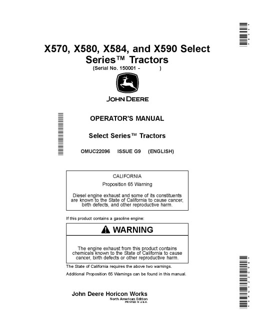 John Deere Select Series X570, X580, X584, X590 (SN: 150001-160000) Lawn Tractors (North America) Operators Manual (OMUC22096)