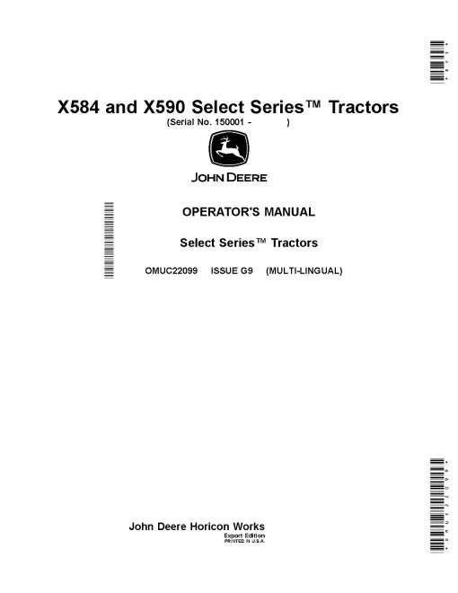 John Deere Select Series X584 and X590 (SN: 150001-160000) Lawn Tractors (Export Edition) Operators Manual (OMUC22099)
