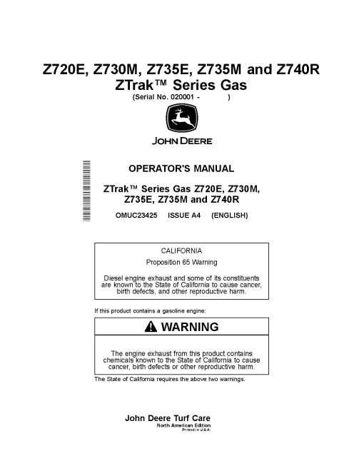John Deere ZTrak Z720E, Z730M, Z735E, Z735M, Z740R (SN:020001-030000) Zero-Turn Mowers (North America) Operators Manual (OMUC23425)