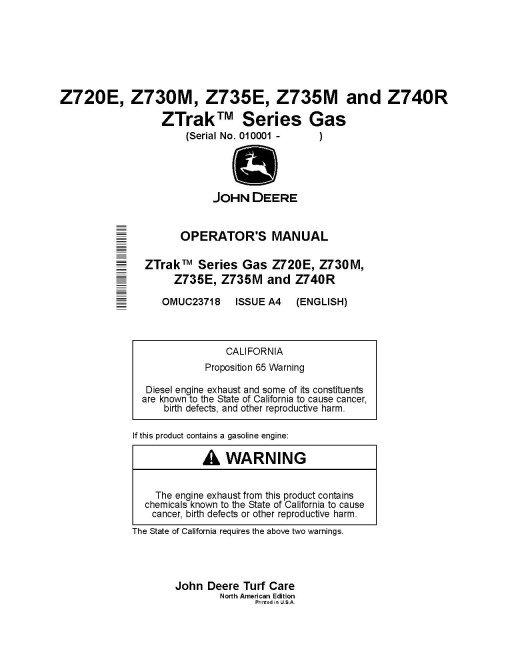 John Deere ZTrak Z720E, Z730M, Z735E, Z735M, Z740R (SN: 010001-020000) Zero-Turn Mowers (North America) Operators Manual (OMUC23718)