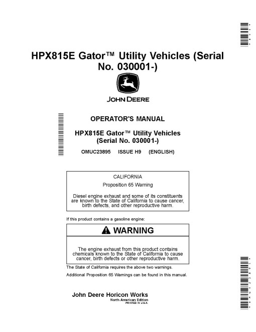 John Deere HPX815E Gator Utility Vehicles (SN: 030001 - 040000) (North America) Operators Manual (OMUC23895)