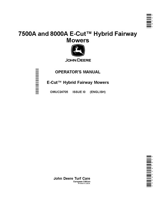John Deere 7500A and 8000A E-Cut Hybrid Fairway Mowers w.Yanmar 3YNV84T, SN:070001-090000, Europe, Operators Manual (OMUC24705)