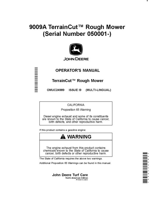 John Deere TerrainCut 9009A Rough Mowers (SN: 050001 - 060000) (North America) Operators Manual (OMUC24989)