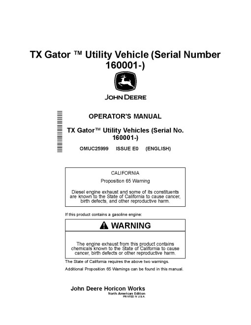 John Deere TX Gator Utility Vehicles (SN: 160001 - 200000) (North America) Operators Manual (OMUC25999)