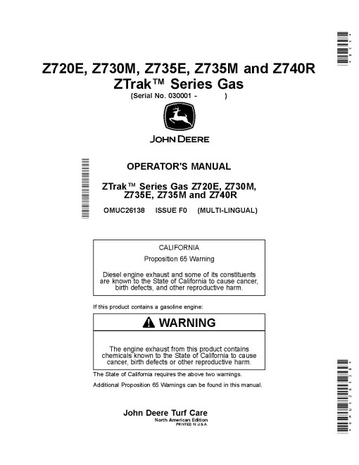 John Deere ZTrak Z720E, Z730M, Z735E, Z735M, Z740R (SN: 030001-060000) Zero-Turn Mowers (North America) Operators Manual (OMUC26138)