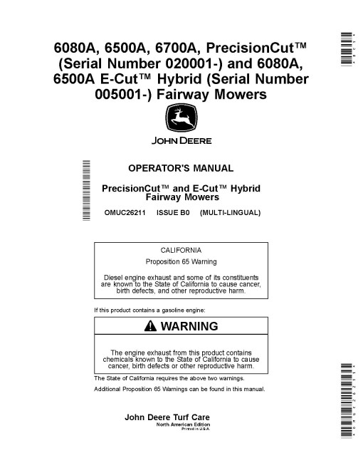 John Deere PrecisionCut 6080A,6500A,6700A(SN:020001-030000); 6080A,6500A E-Cut Hybrid Fairway Mower, N.A. Operators Manual (OMUC26211)
