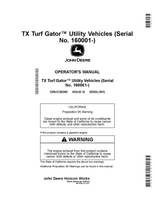 John Deere TX Turf Gator Utility Vehicles (SN: 160001 - 180000) (North America) Operators Manual (OMUC26260)