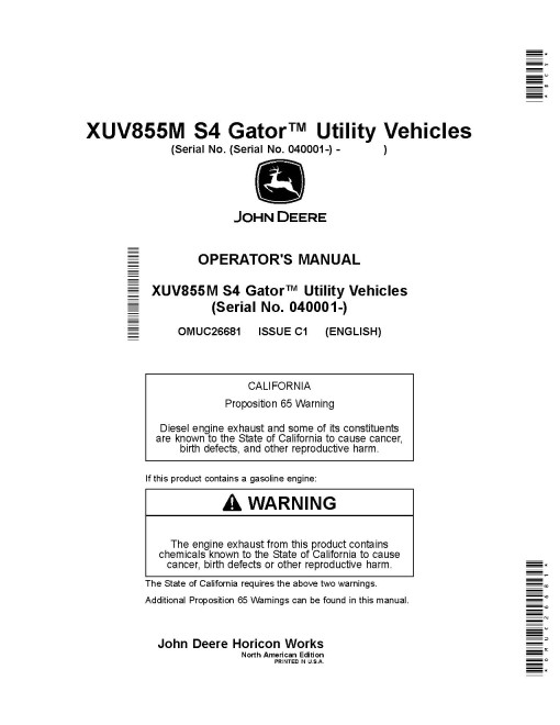 John Deere XUV855M S4 Gator Utility Vehicles (SN: 040001 - 050000) (North America) Operators Manual (OMUC26681)
