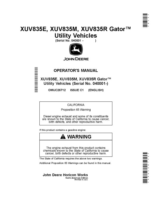 John Deere XUV835E, XUV835M and XUV835R Gator Utility Vehicles (SN:040001-050000) (North America) Operators Manual (OMUC26712)