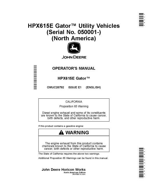 John Deere HPX615E Gator Utility Vehicles (SN: 050001 - 060000) (North America) Operators Manual (OMUC26792)