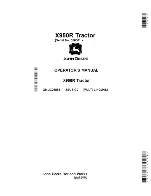 John Deere X950R (SN: 090001-100000) Lawn Tractors (Export Edition) Operators Manual (OMUC26888)