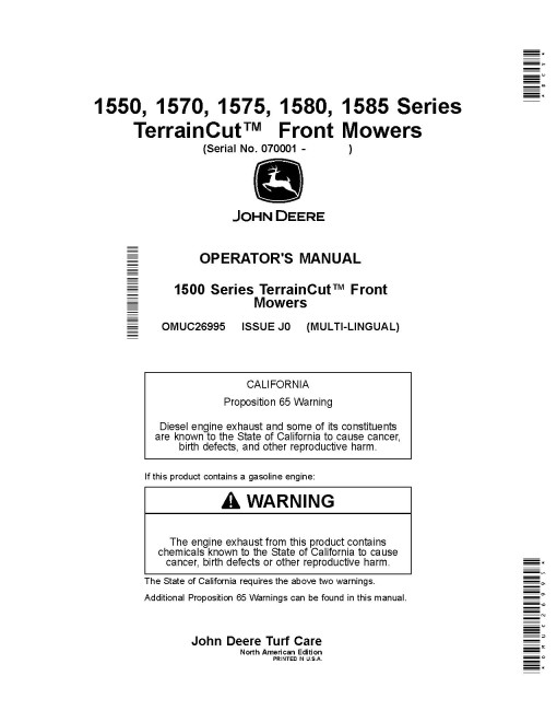 John Deere 1550, 1570, 1575, 1580 and 1585 TerrainCut Front Mowers (SN:070001-080000) (N.America) Operators Manual (OMUC26995)