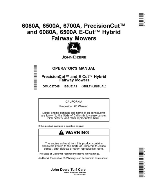 John Deere PrecisionCut 6080A,6500A,6700A(SN:030001-050000); 6080A,6500A E-Cut Hybrid Fairway Mowers, N.A. Operators Manual (OMUC27548)