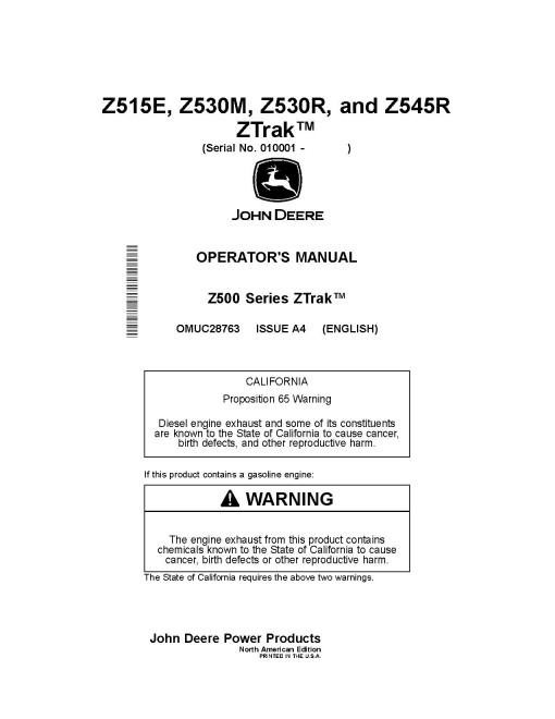 John Deere ZTrak Z515E, Z530M, Z530R and Z545R Zero-Turn Mowers (North America) Operators Manual (OMUC28763)