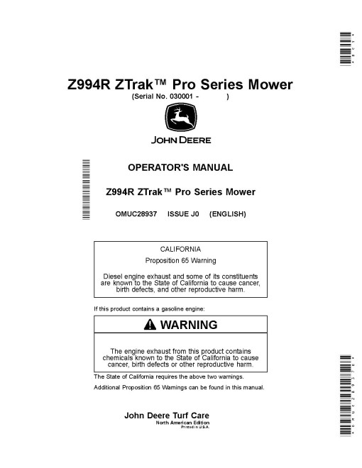 John Deere ZTrak Pro Z994R (SN: 030001-060000) Zero-Turn Diesel Mowers (North America) Operators Manual (OMUC28937E)