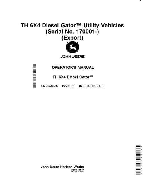 John Deere TH 6x4 Diesel Gator Utility Vehicles (SN: 170001 - 180000) (Export Edition) Operators Manual (OMUC29666)